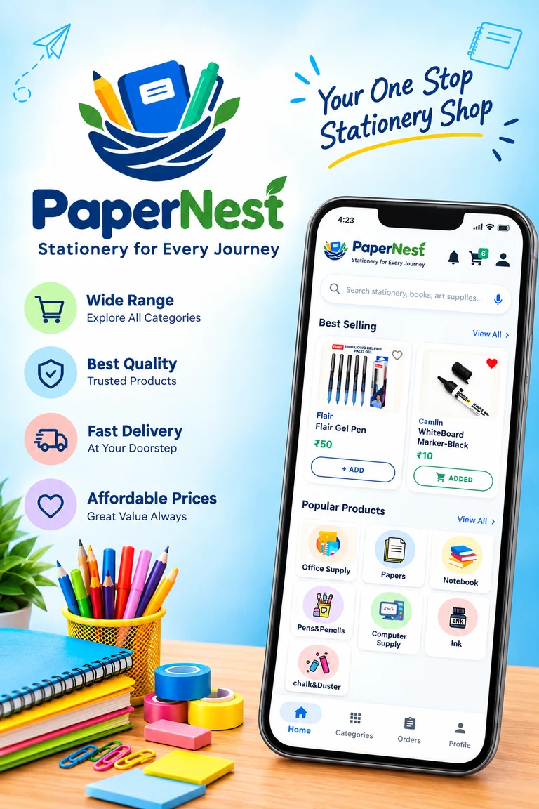 PaperNest app showcase: the home screen on a phone beside the PaperNest logo, with highlights for wide range, quality, delivery and prices