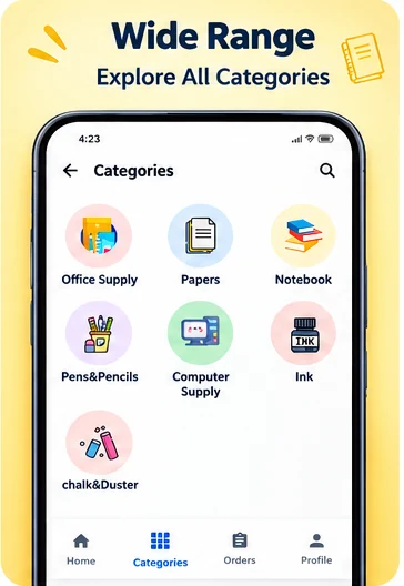 PaperNest app categories screen showing Office Supply, Papers, Notebook, Pens & Pencils, Computer Supply, Ink and Chalk & Duster