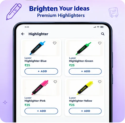 PaperNest app product list showing Luxor highlighters with prices and add buttons