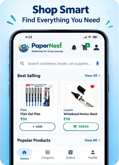 PaperNest app home screen with search, best-selling products and categories