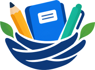 PaperNest logo: a pencil, notebook and pen held in a woven nest